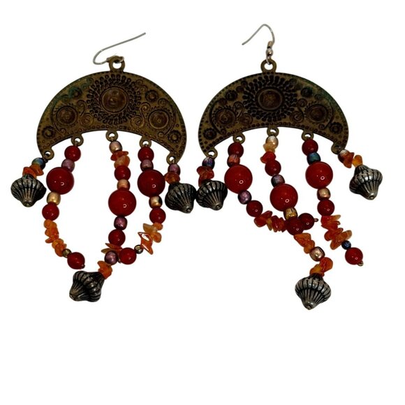 Women Bohemian Dangle Earrings With Red Beads & Antique Gold Accents Y2K Hippie - Picture 2 of 3